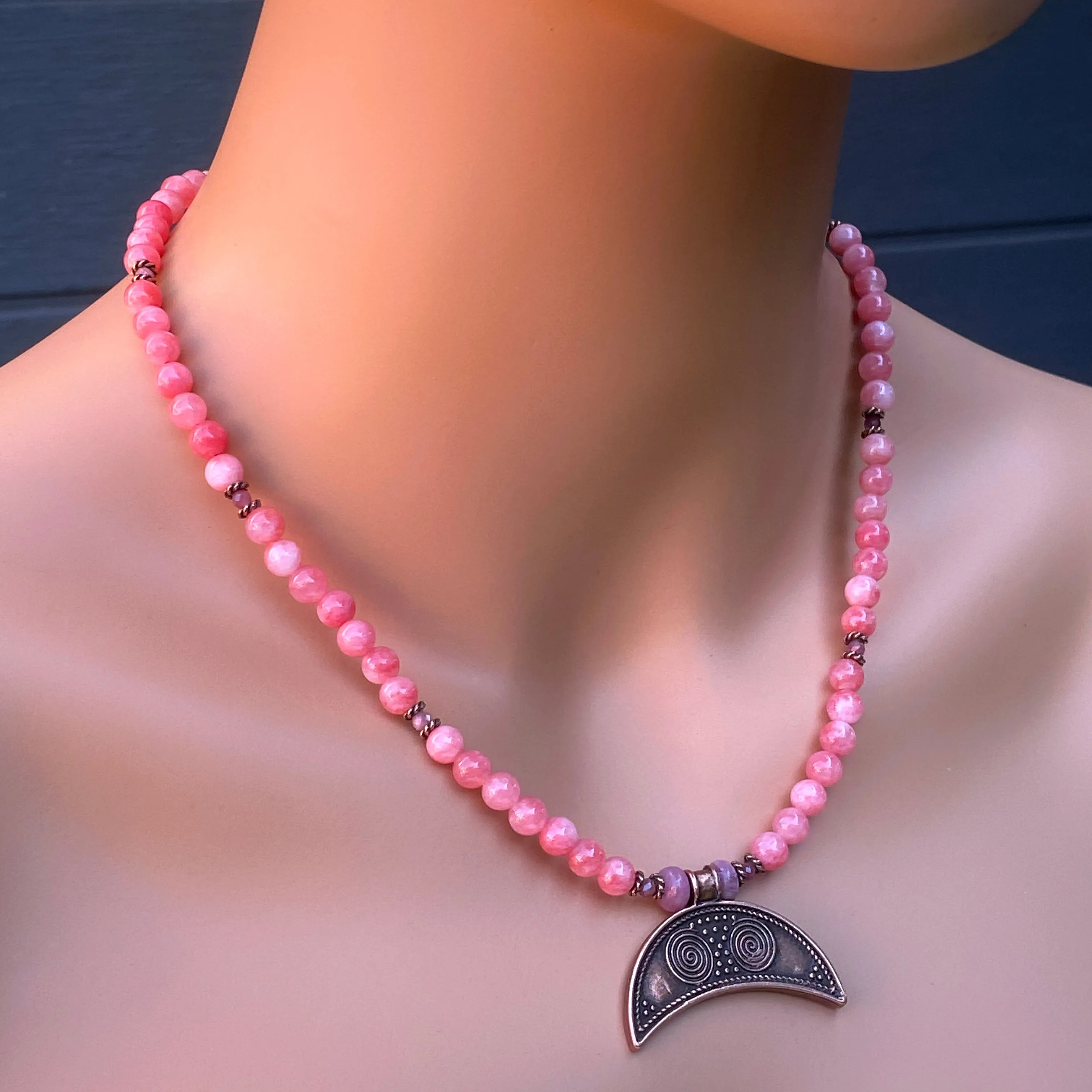 Pink Angelite and Pink Tourmaline gemstone and copper Moon pendant necklace