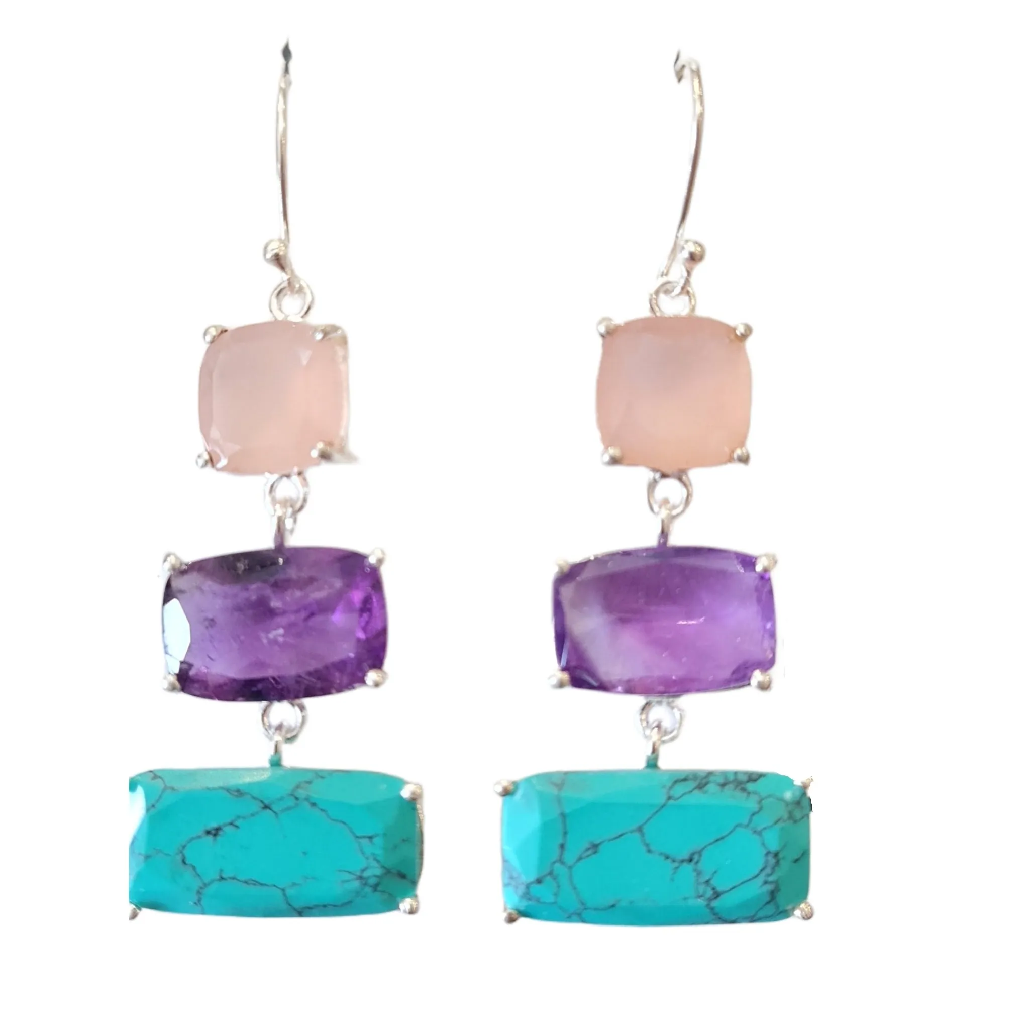 Pink Chalcedony Amethyst Turquoise Drop Earrings