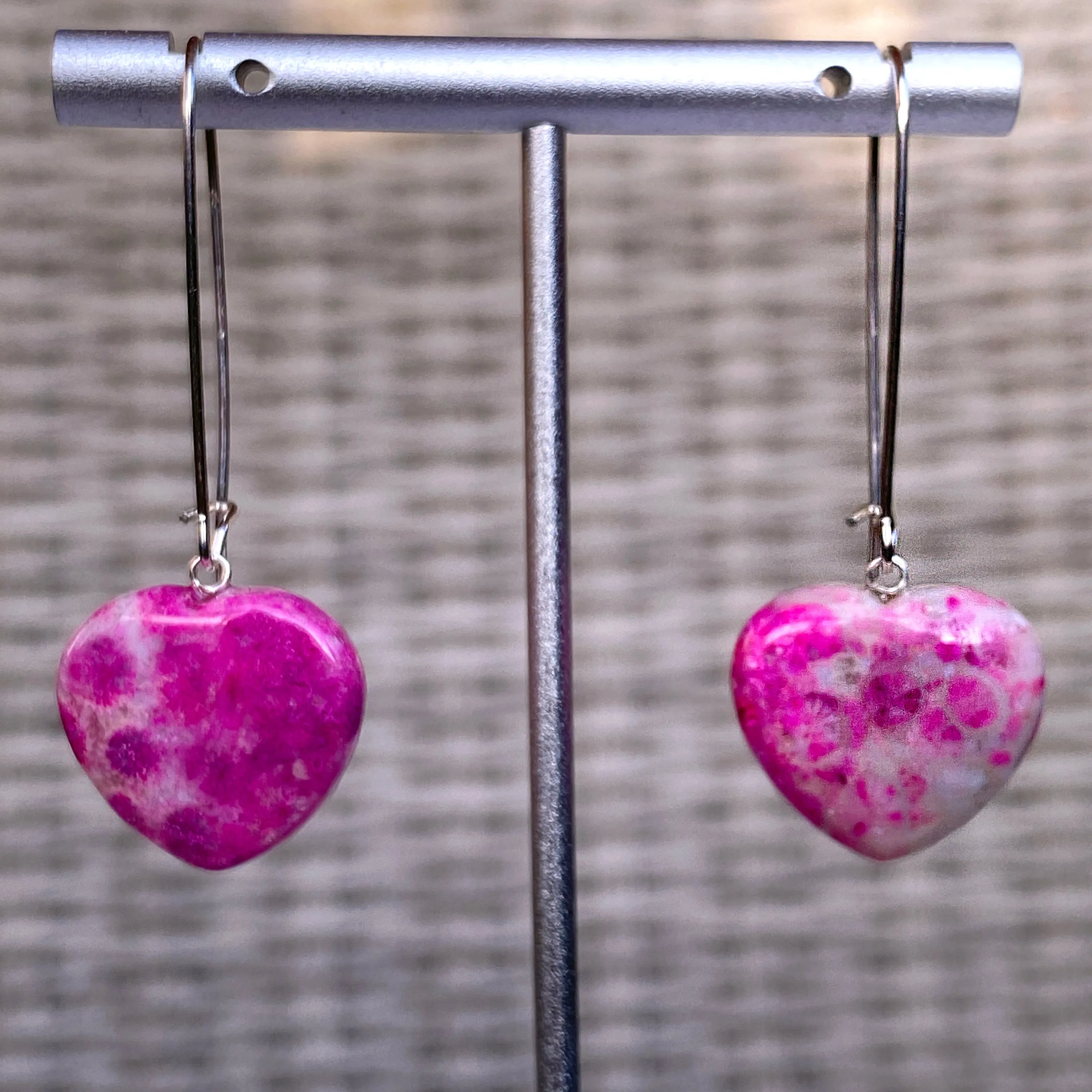 Pink Coral Fossil and sterling silver dangle drop earrings