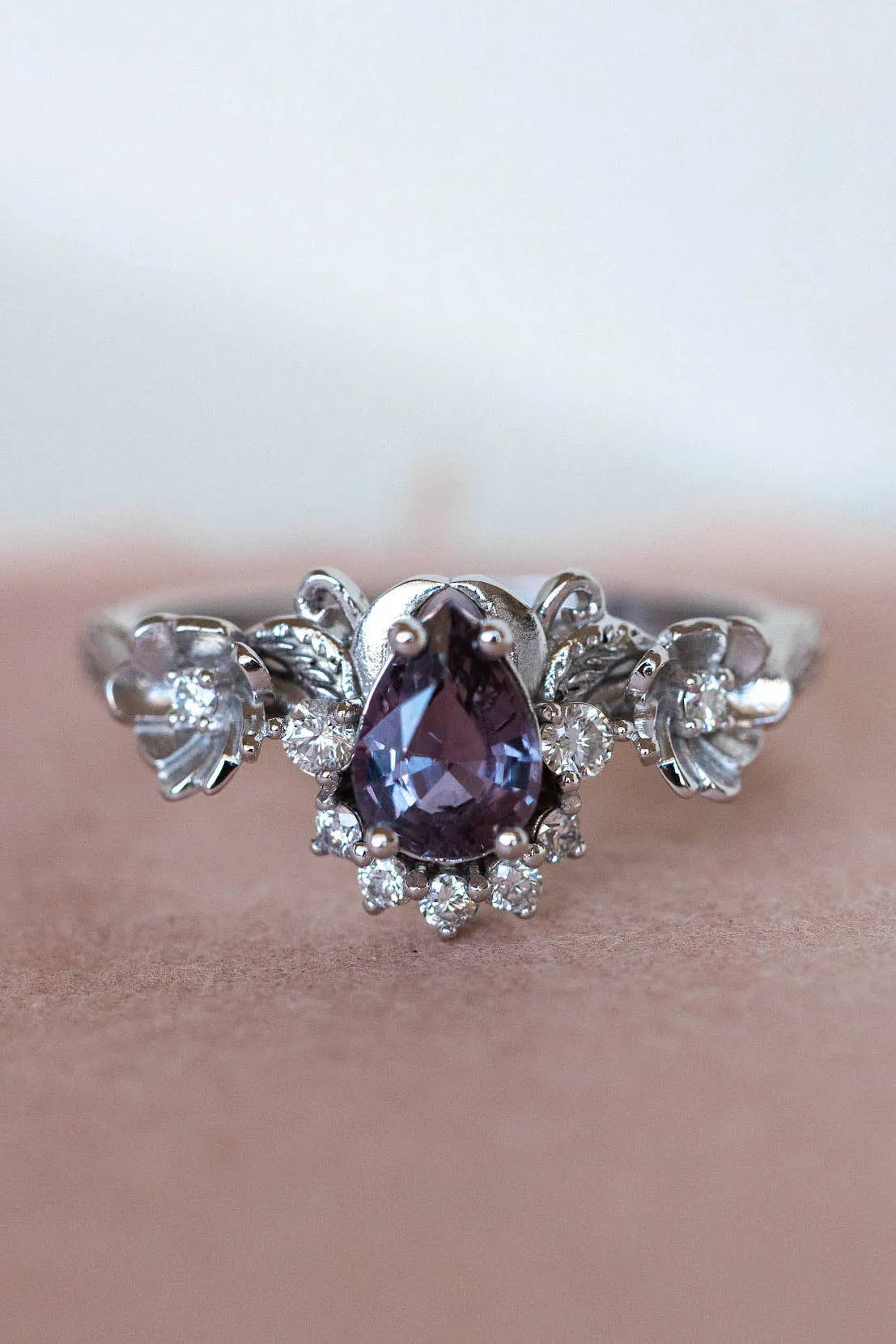 Purple sapphire engagement ring with diamonds, white gold flower style gold proposal ring / Adelina