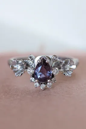 Purple sapphire engagement ring with diamonds, white gold flower style gold proposal ring / Adelina