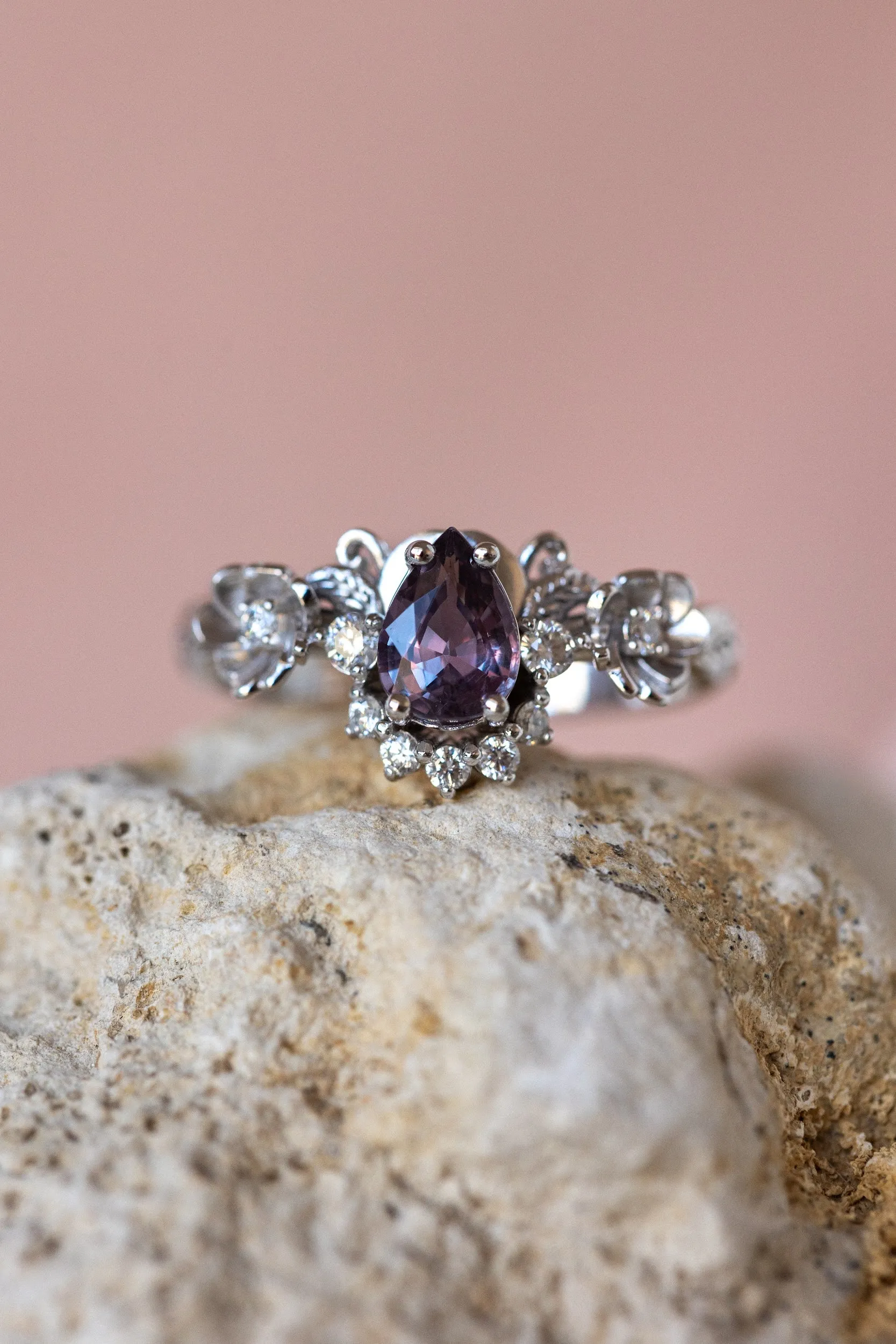 Purple sapphire engagement ring with diamonds, white gold flower style gold proposal ring / Adelina