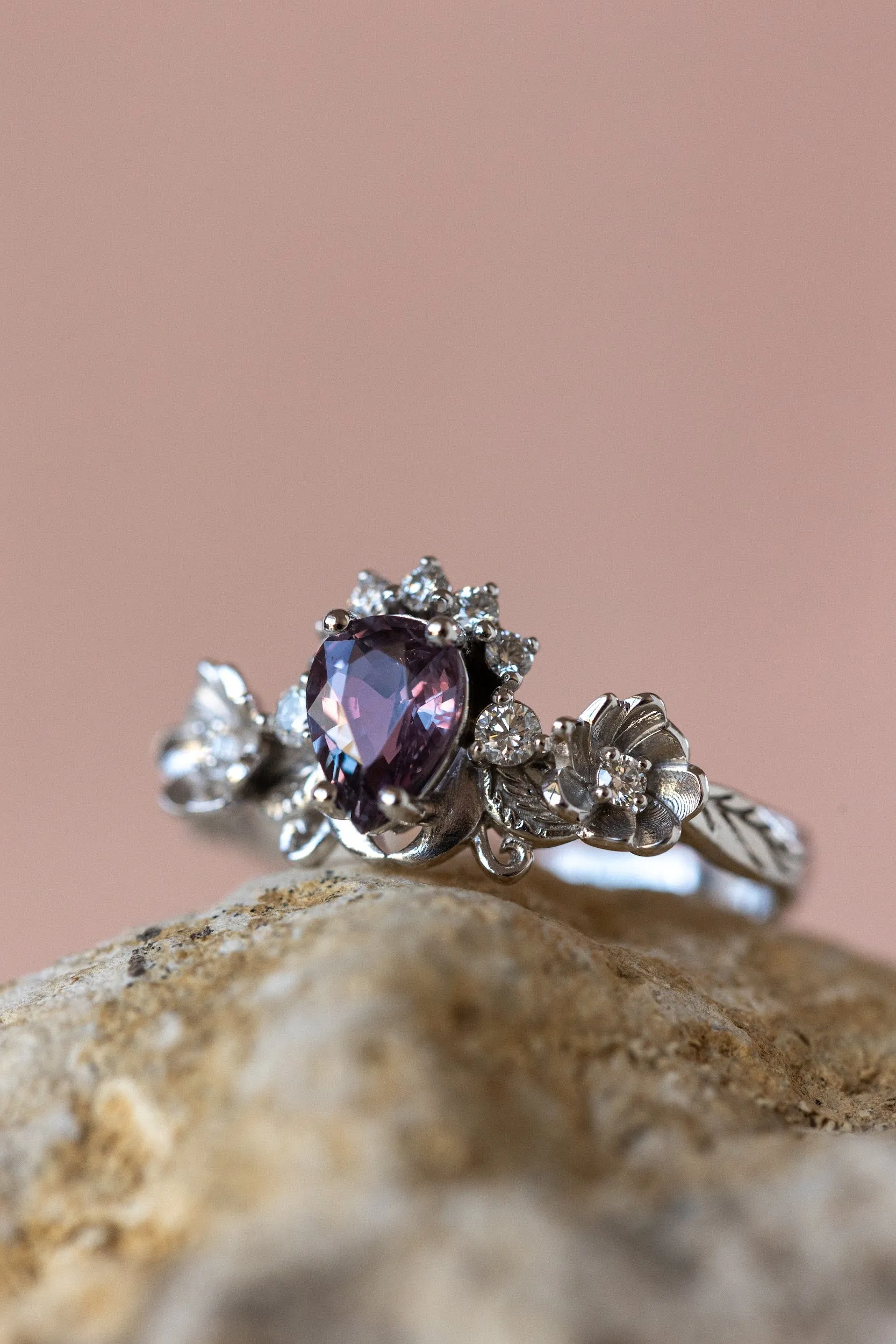 Purple sapphire engagement ring with diamonds, white gold flower style gold proposal ring / Adelina