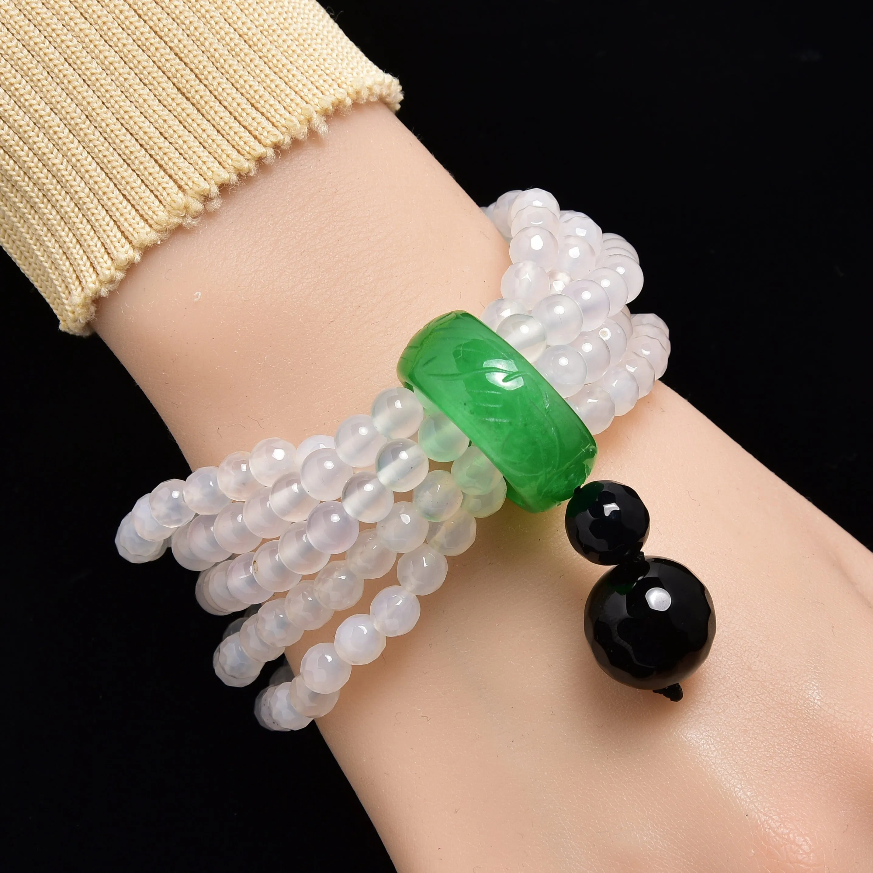 Quartz Agate 6mm Beads with Jade Ring Gemstone Elastic Bracelet