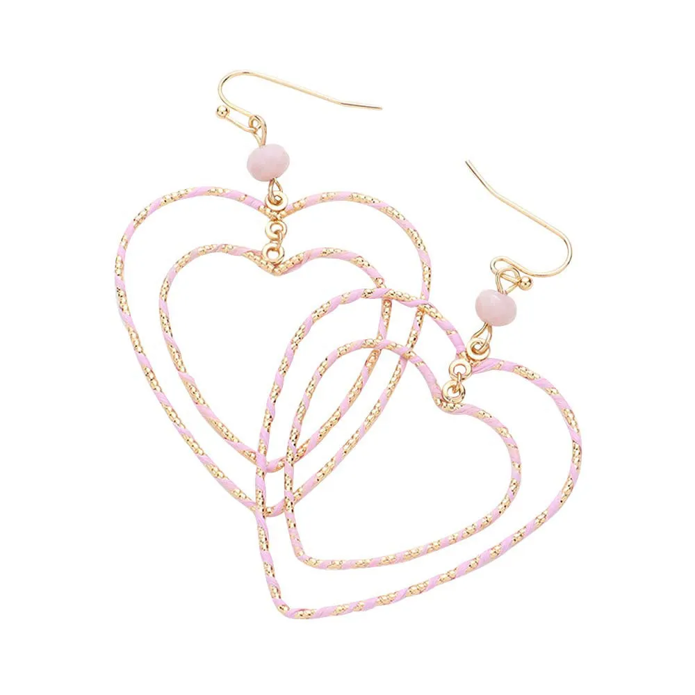 Raffia Wrapped Double Open Heart Link Dangle Earrings