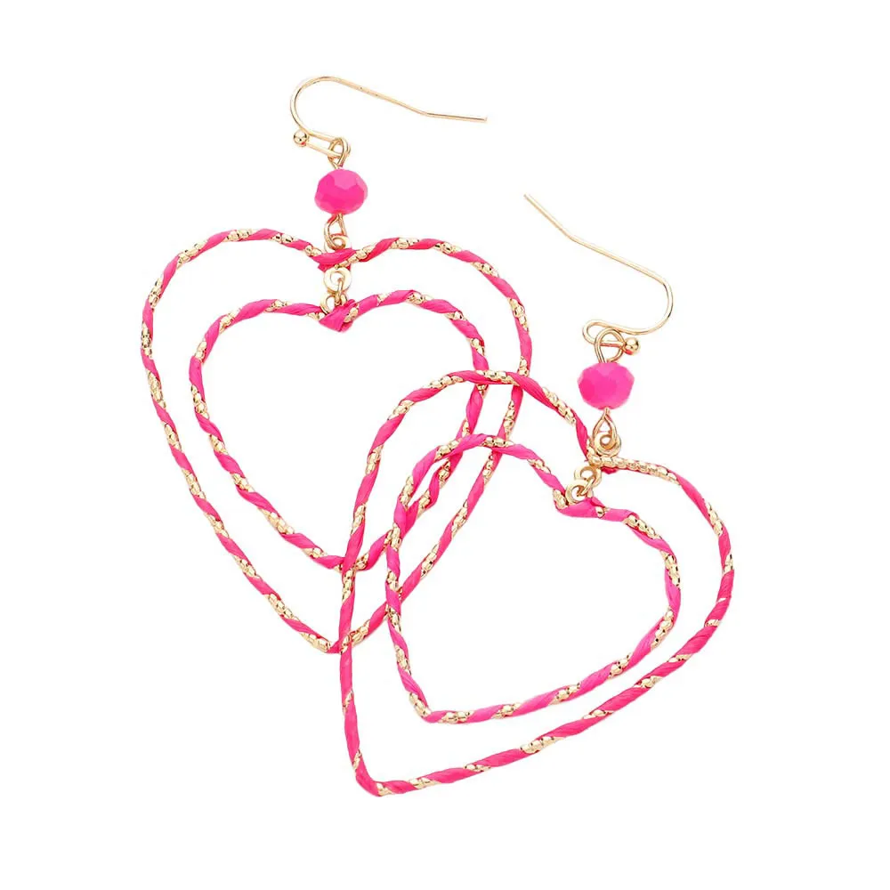 Raffia Wrapped Double Open Heart Link Dangle Earrings