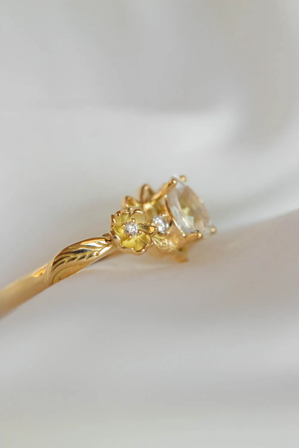 READY TO SHIP: Adelina in 18K yellow gold, natural pear cut moonstone 7x5 mm, moissanites, RING SIZE 8 US