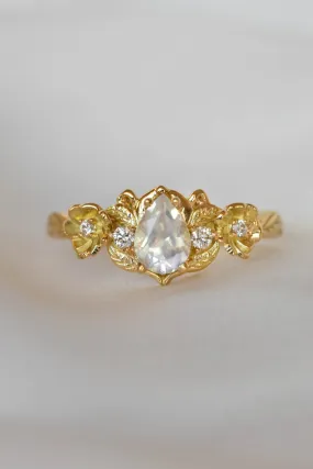 READY TO SHIP: Adelina in 18K yellow gold, natural pear cut moonstone 7x5 mm, moissanites, RING SIZE 8 US