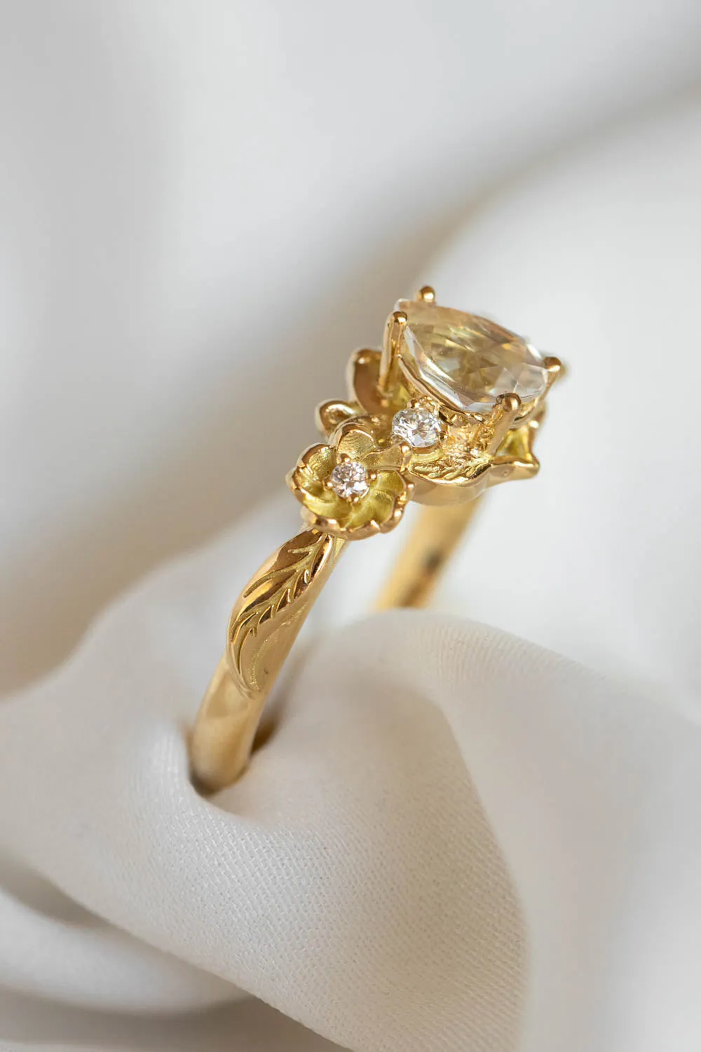 READY TO SHIP: Adelina in 18K yellow gold, natural pear cut moonstone 7x5 mm, moissanites, RING SIZE 8 US