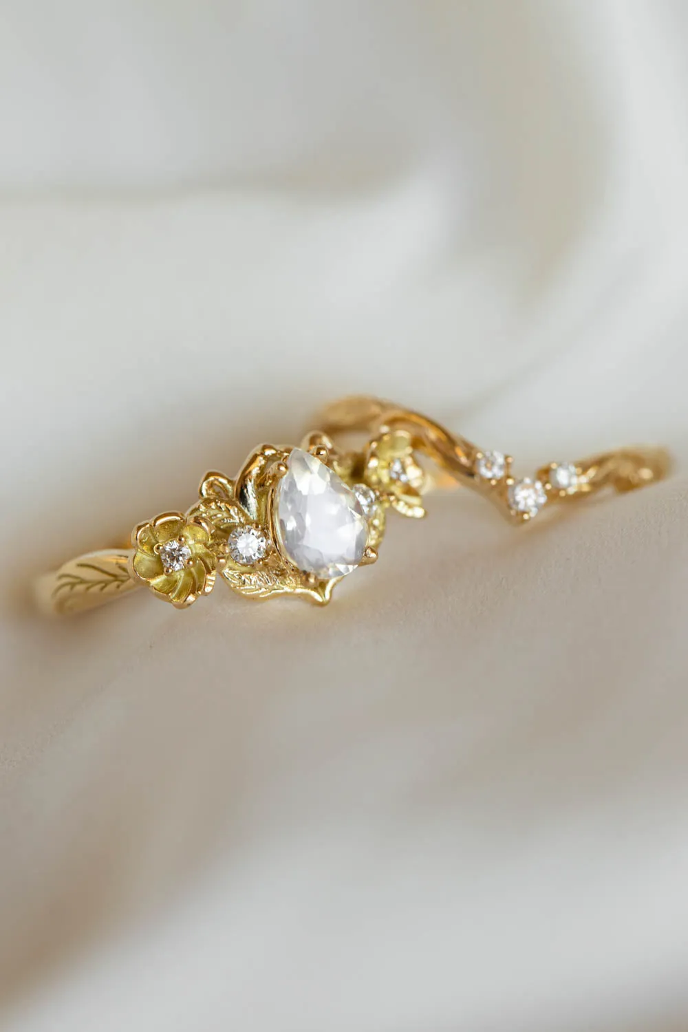 READY TO SHIP: Adelina in 18K yellow gold, natural pear cut moonstone 7x5 mm, moissanites, RING SIZE 8 US