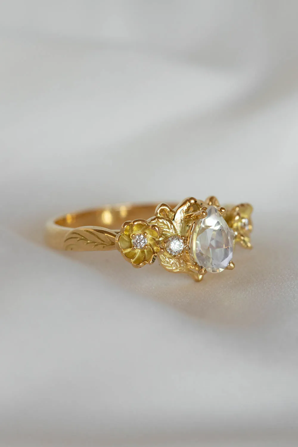 READY TO SHIP: Adelina in 18K yellow gold, natural pear cut moonstone 7x5 mm, moissanites, RING SIZE 8 US