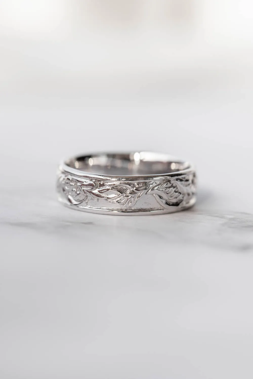 READY TO SHIP: Men leaf wedding band in 14K white gold, RING SIZE - 8.5 US