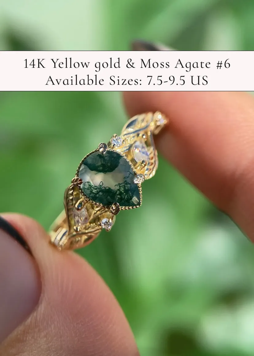 READY TO SHIP: Patricia ring in 14K or 18K yellow gold, natural moss agate pear cut 8x6 mm, accent moissanites, AVAILABLE RING SIZES: 4.5-9.5US