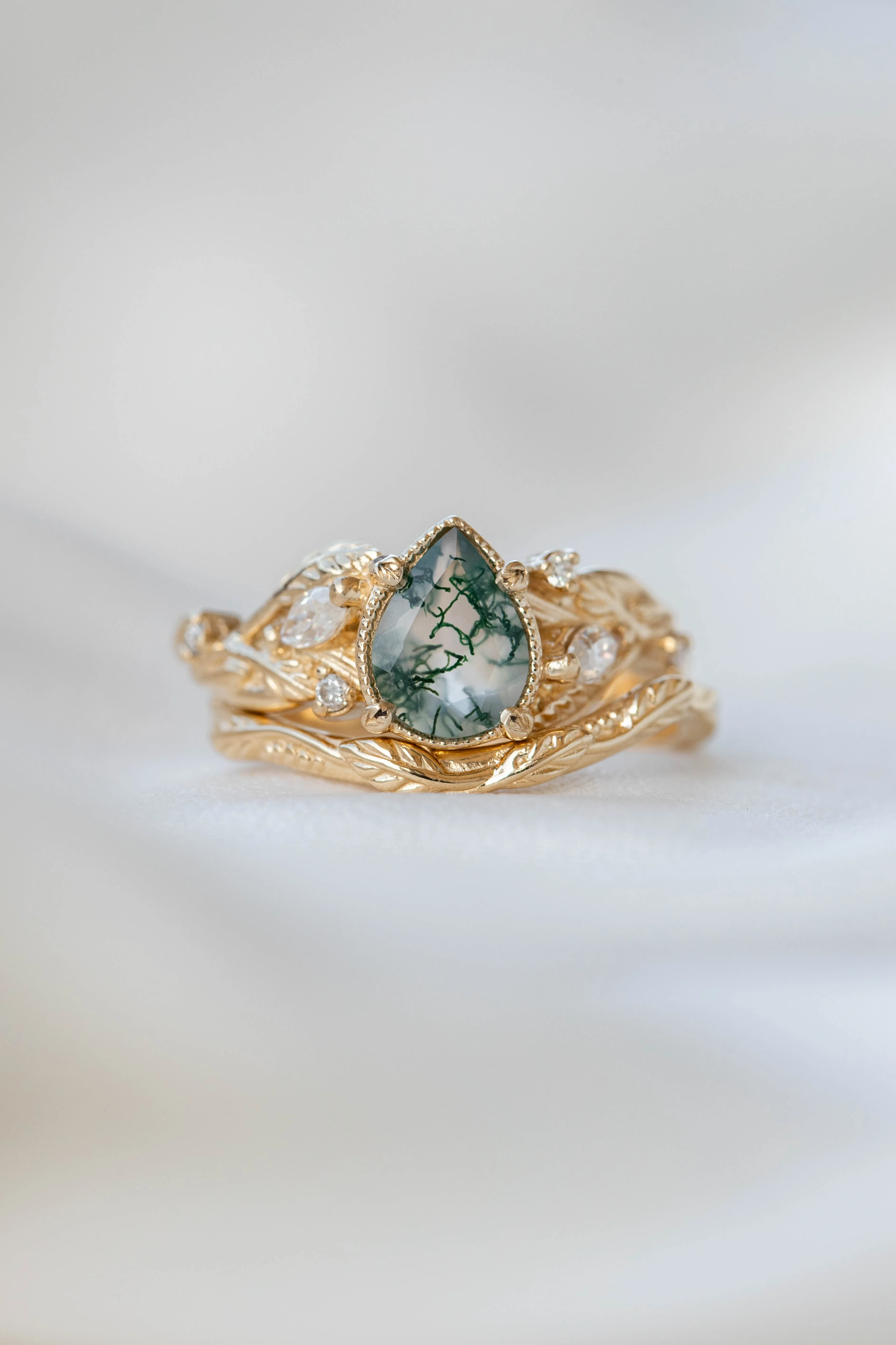 READY TO SHIP: Patricia ring in 14K or 18K yellow gold, natural moss agate pear cut 8x6 mm, accent moissanites, AVAILABLE RING SIZES: 4.5-9.5US