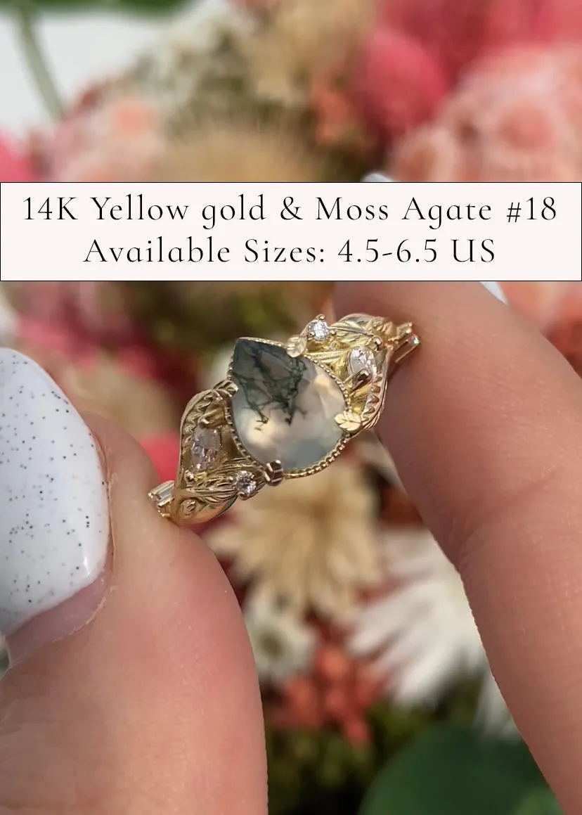 READY TO SHIP: Patricia ring in 14K or 18K yellow gold, natural moss agate pear cut 8x6 mm, accent moissanites, AVAILABLE RING SIZES: 4.5-9.5US