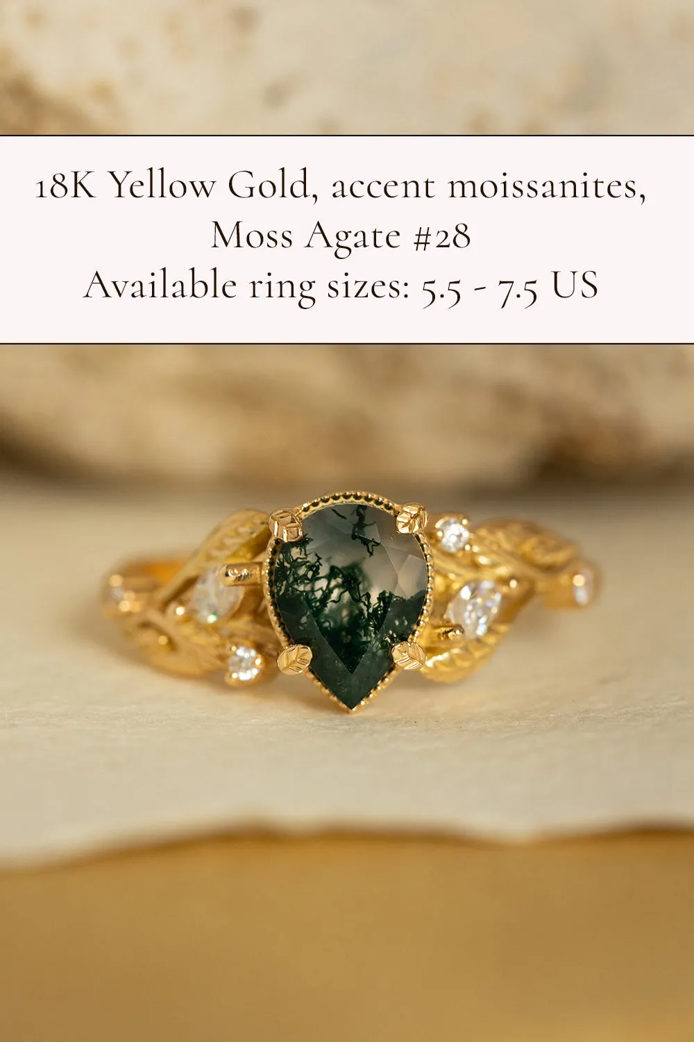 READY TO SHIP: Patricia ring in 14K or 18K yellow gold, natural moss agate pear cut 8x6 mm, accent moissanites, AVAILABLE RING SIZES: 4.5-9.5US