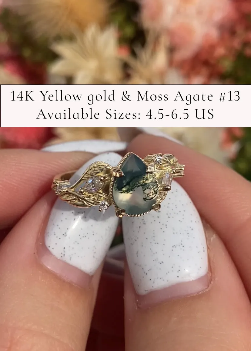 READY TO SHIP: Patricia ring in 14K or 18K yellow gold, natural moss agate pear cut 8x6 mm, accent moissanites, AVAILABLE RING SIZES: 4.5-9.5US