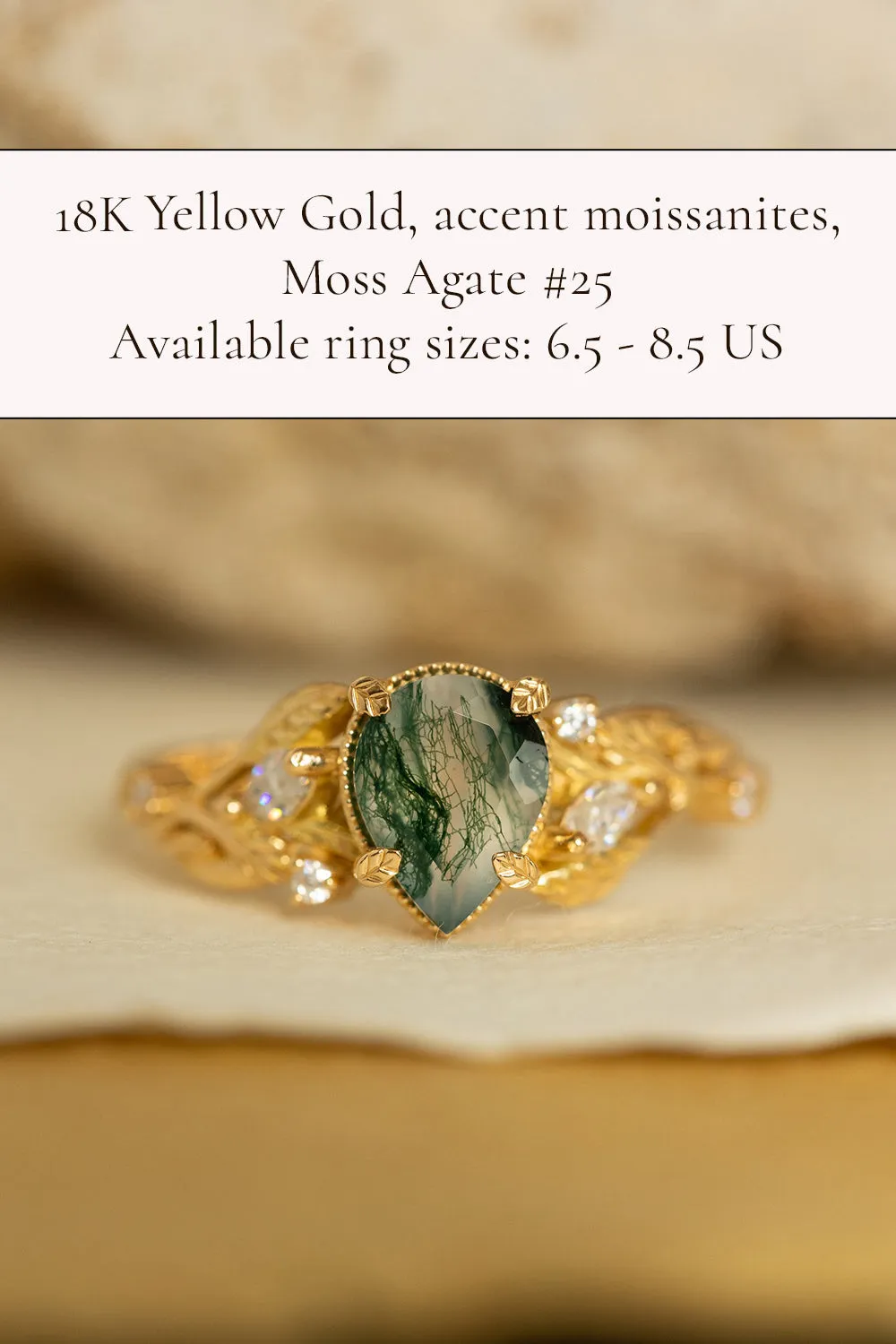 READY TO SHIP: Patricia ring in 14K or 18K yellow gold, natural moss agate pear cut 8x6 mm, accent moissanites, AVAILABLE RING SIZES: 4.5-9.5US