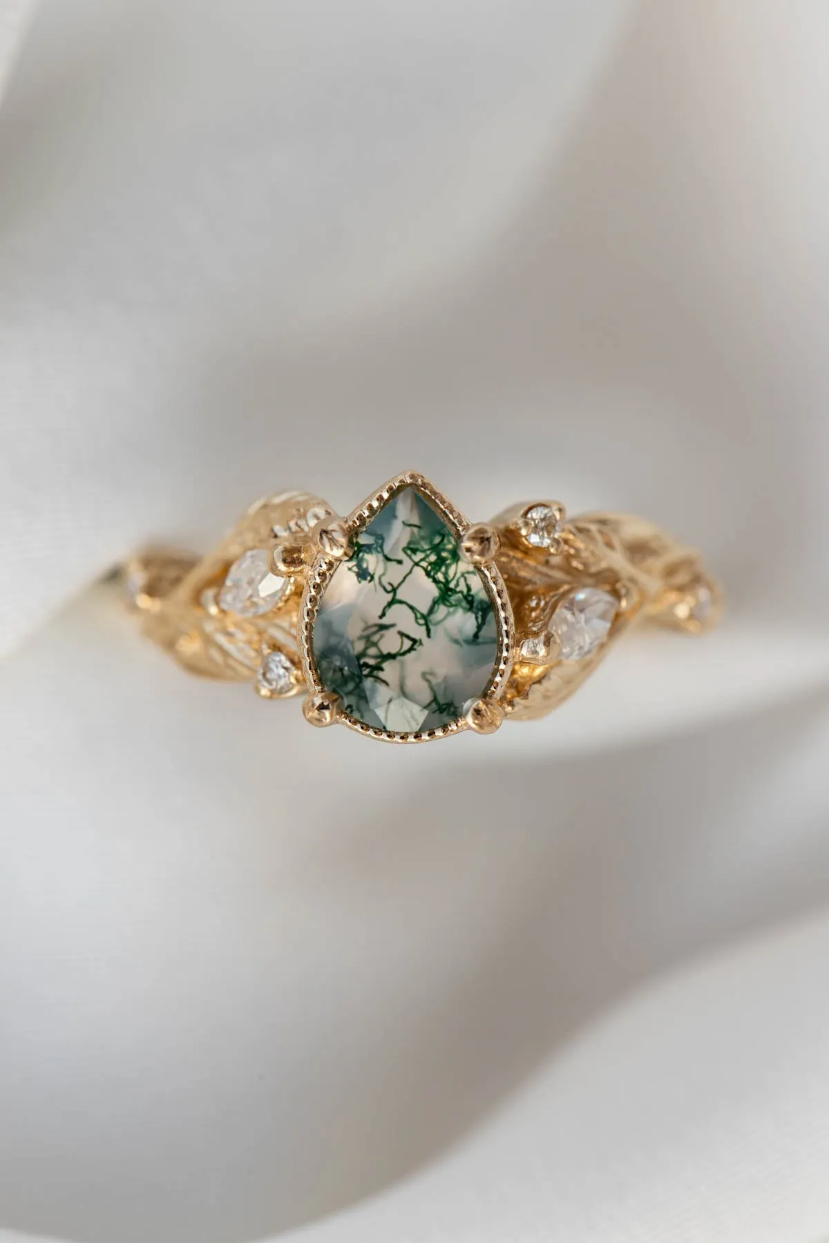 READY TO SHIP: Patricia ring in 14K or 18K yellow gold, natural moss agate pear cut 8x6 mm, accent moissanites, AVAILABLE RING SIZES: 4.5-9.5US