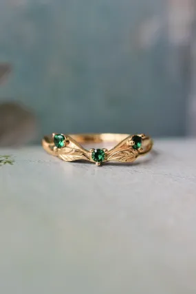 READY TO SHIP: Wedding band in 14K yellow gold, lab grown emeralds, RING SIZE 7 US