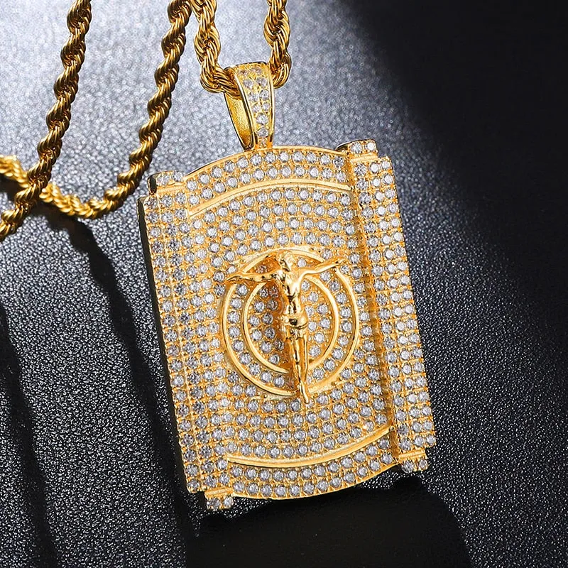 Rhinestone-Studded Gold-Plated Jesus Bling Rope Chain Hip-hop Pendant Necklace