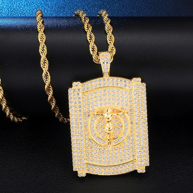 Rhinestone-Studded Gold-Plated Jesus Bling Rope Chain Hip-hop Pendant Necklace