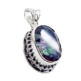 Riyo Fit Gems Oval Faceted Multi Color Mystic Quartz Silver Pendant Gift For Boxing Day