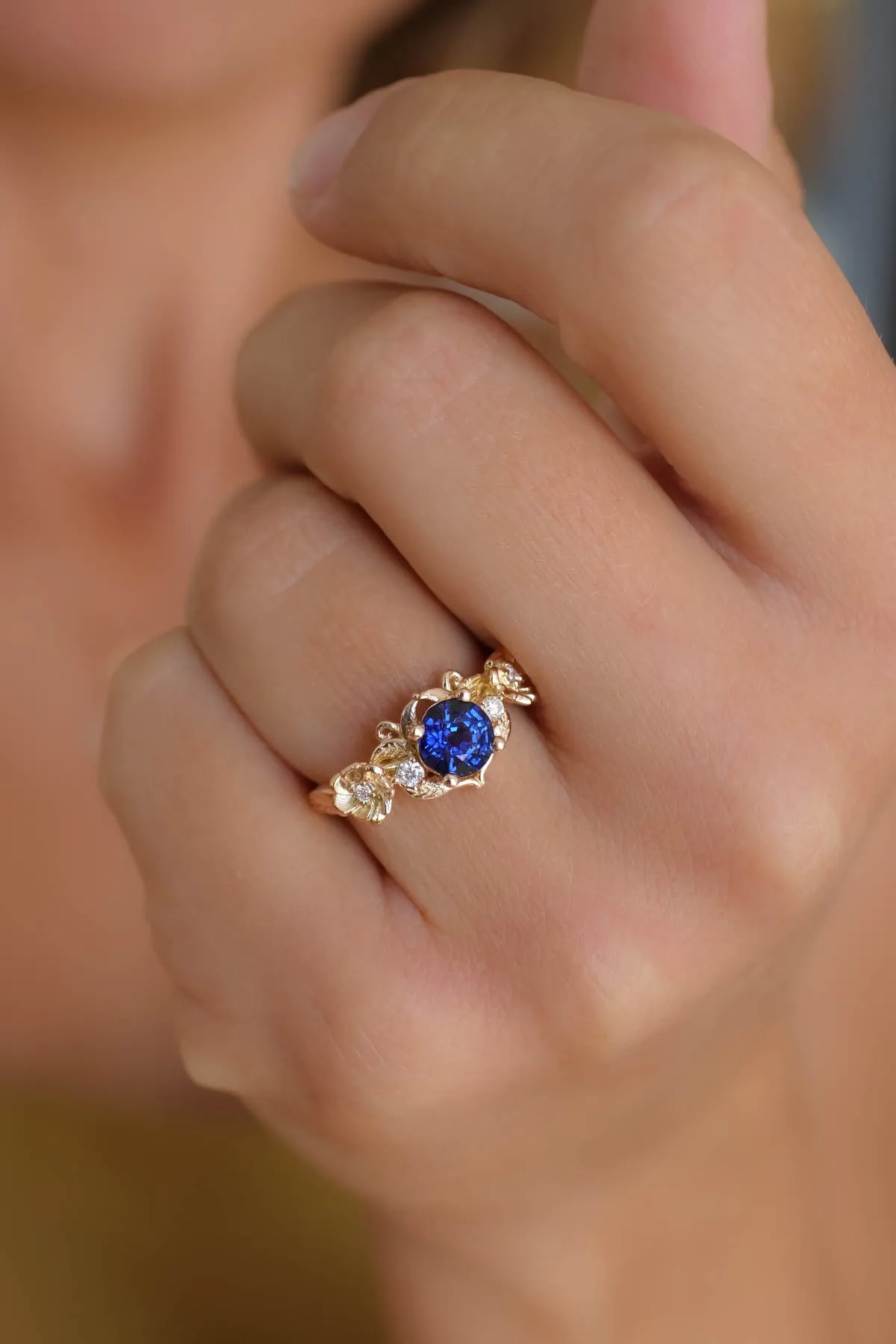 Royal blue sapphire engagement ring, floral ring with diamonds / Adelina