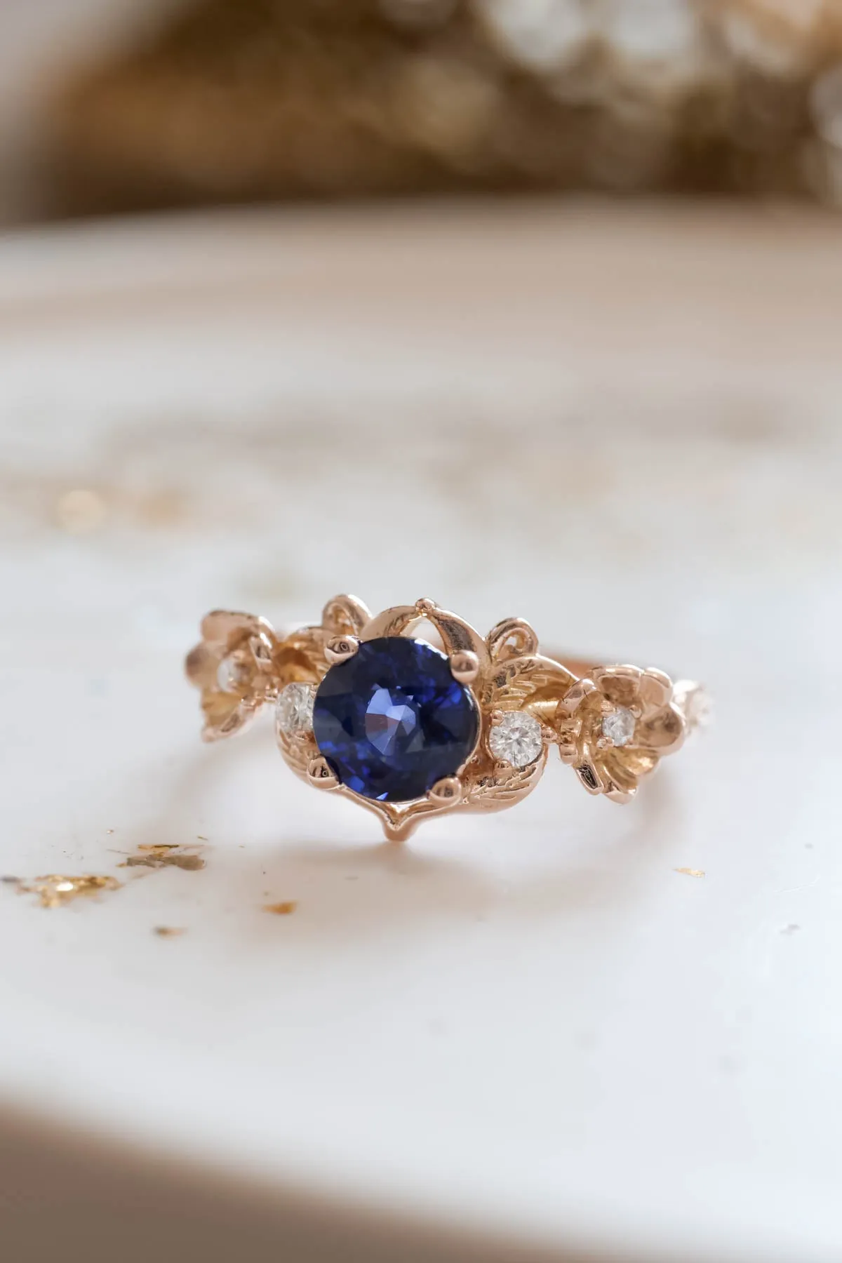 Royal blue sapphire engagement ring, floral ring with diamonds / Adelina