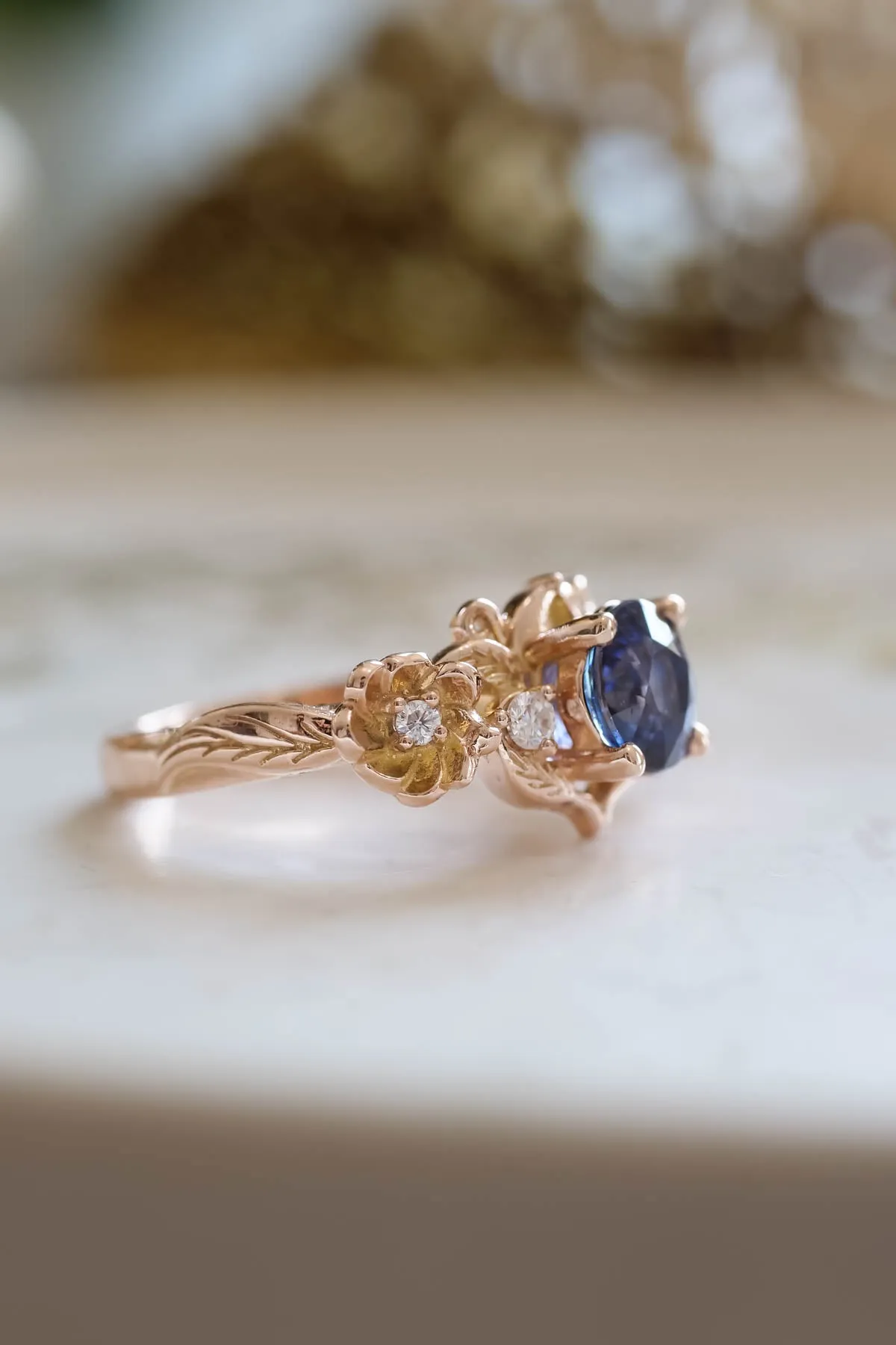 Royal blue sapphire engagement ring, floral ring with diamonds / Adelina