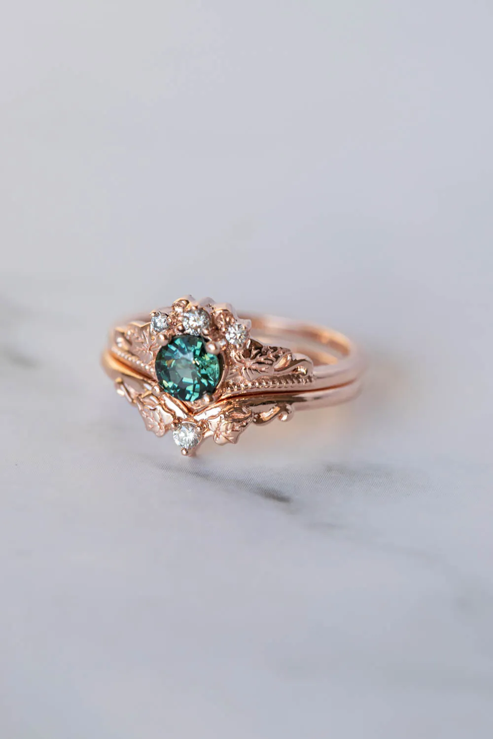 Sapphire and diamonds engagement ring, rose gold ivy leaves promise ring / Ariadne