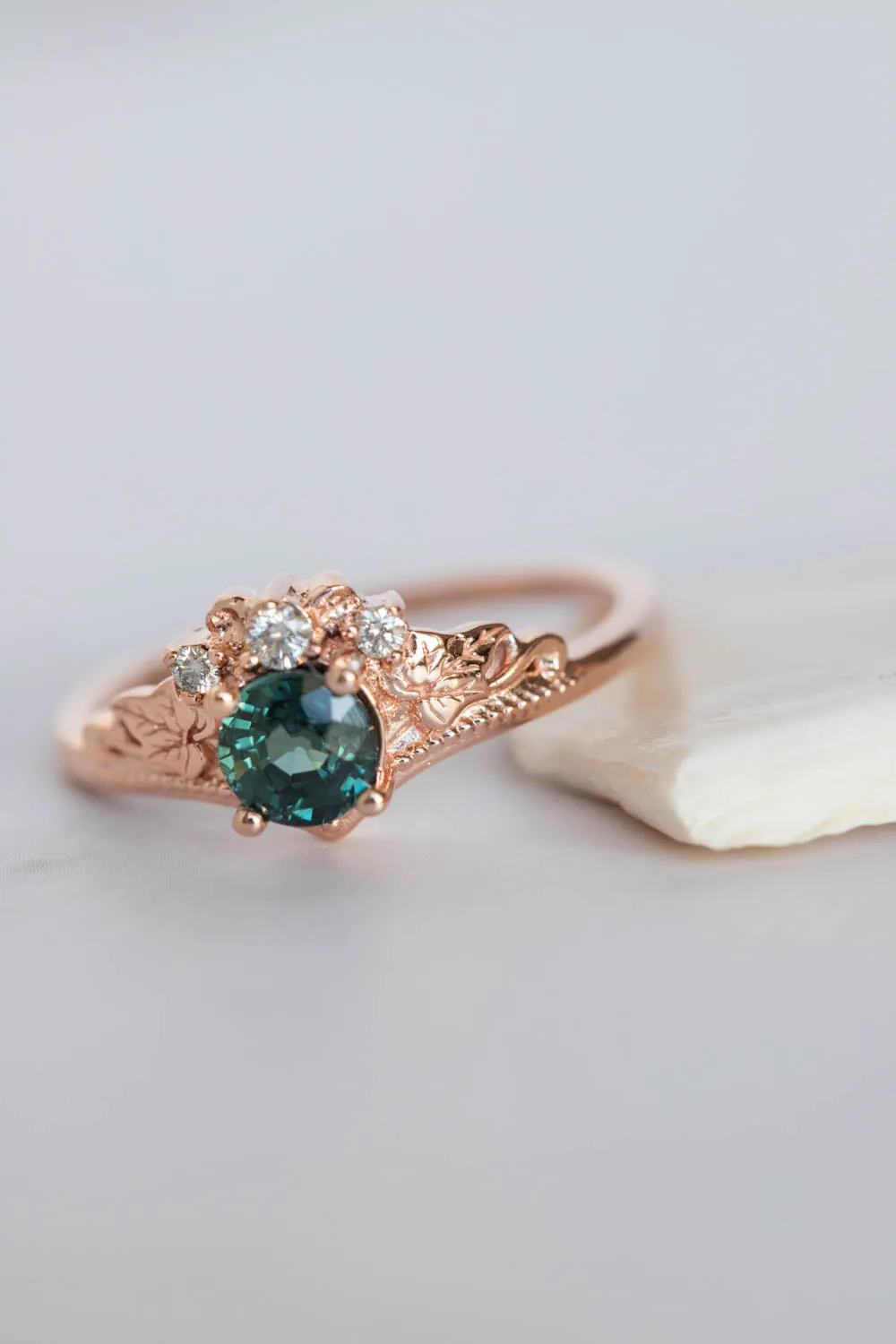 Sapphire and diamonds engagement ring, rose gold ivy leaves promise ring / Ariadne