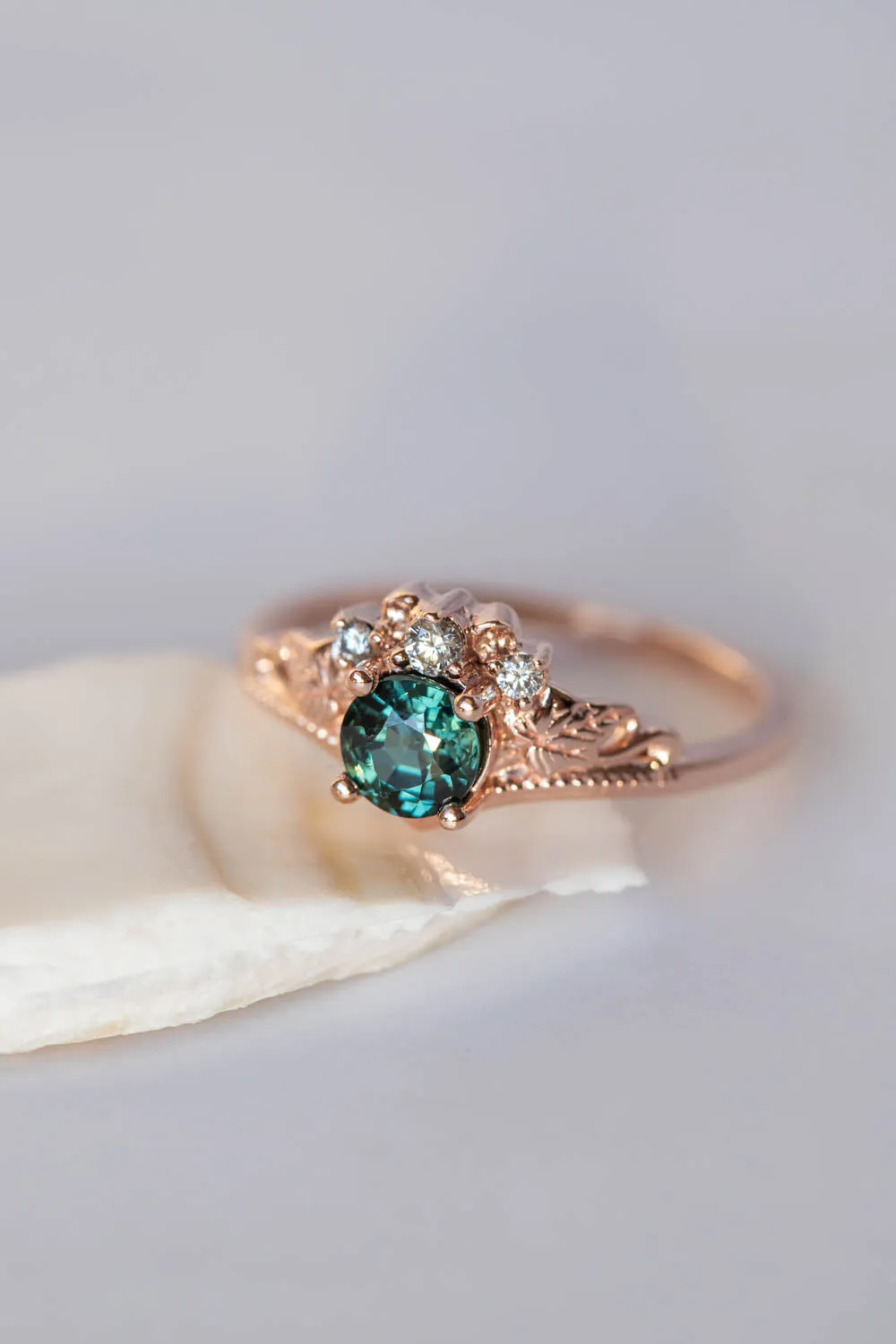 Sapphire and diamonds engagement ring, rose gold ivy leaves promise ring / Ariadne