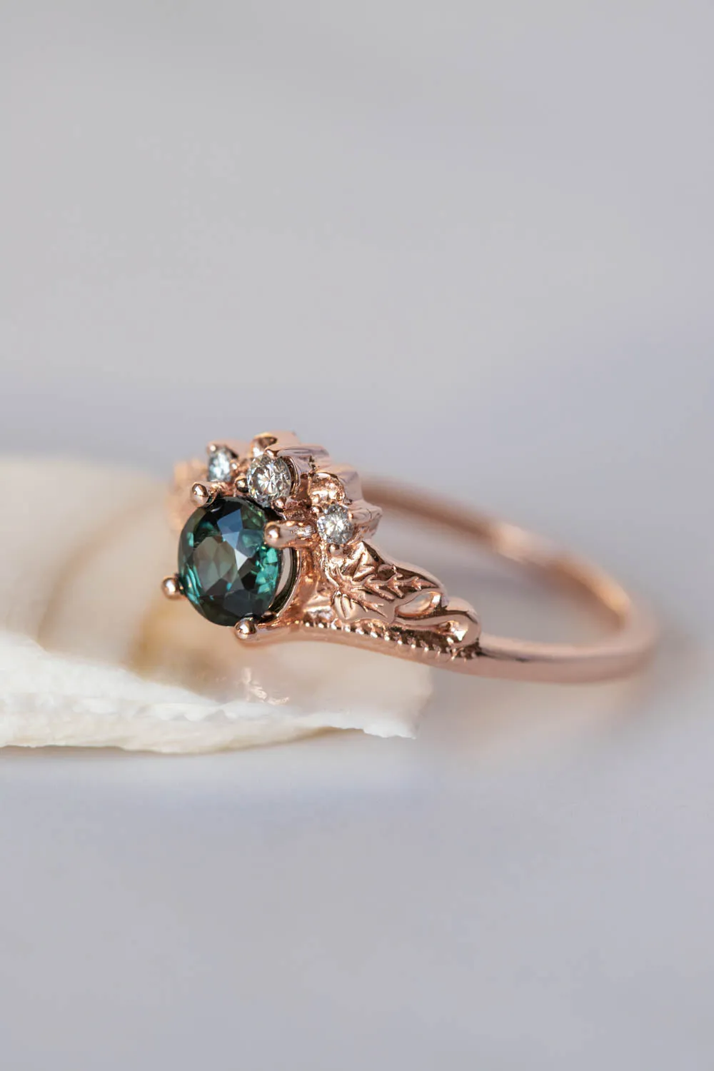 Sapphire and diamonds engagement ring, rose gold ivy leaves promise ring / Ariadne