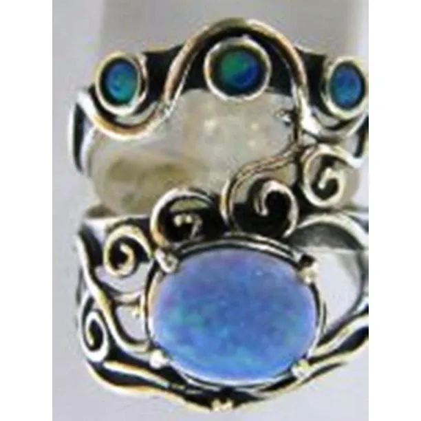 Silver ring set with opals, blue opal on silver ring,  bohemian rings