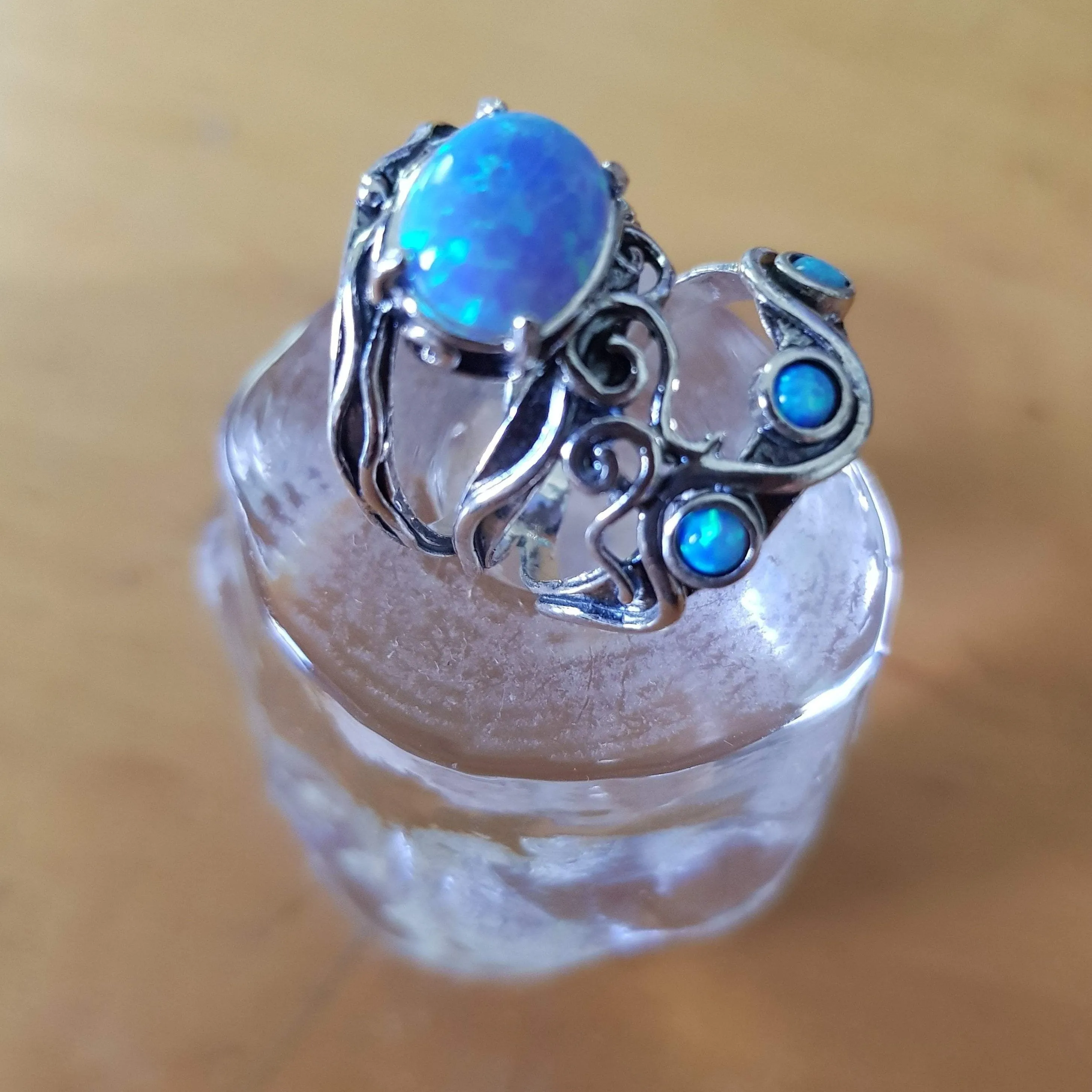 Silver ring set with opals, blue opal on silver ring,  bohemian rings