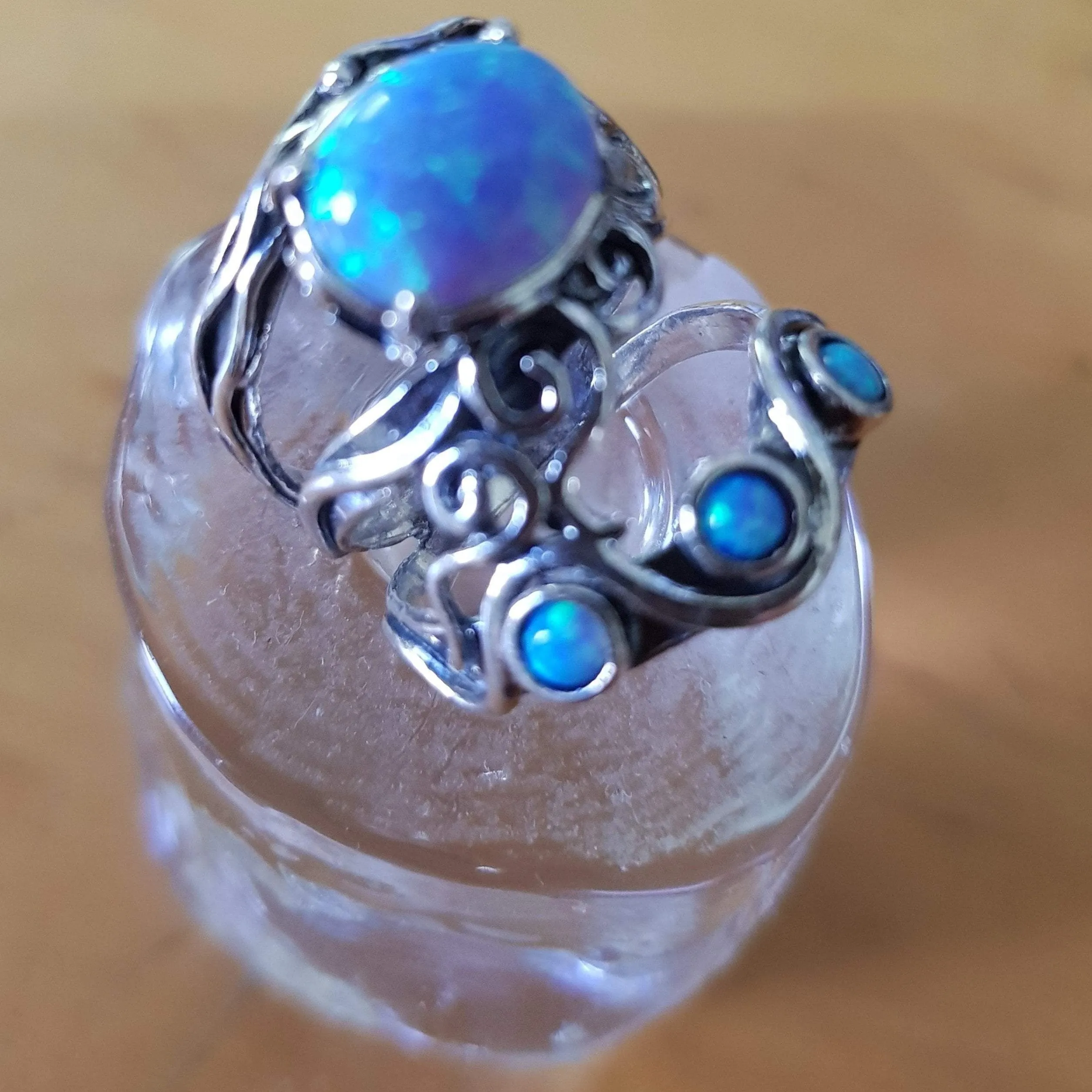 Silver ring set with opals, blue opal on silver ring,  bohemian rings