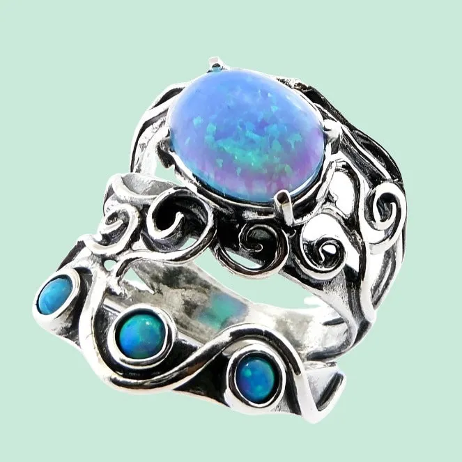 Silver ring set with opals, blue opal on silver ring,  bohemian rings