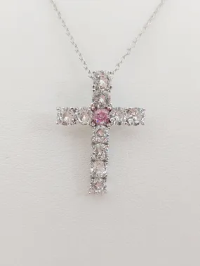 Silver Simulated Pink Tourmaline/Diamond Cross Necklace