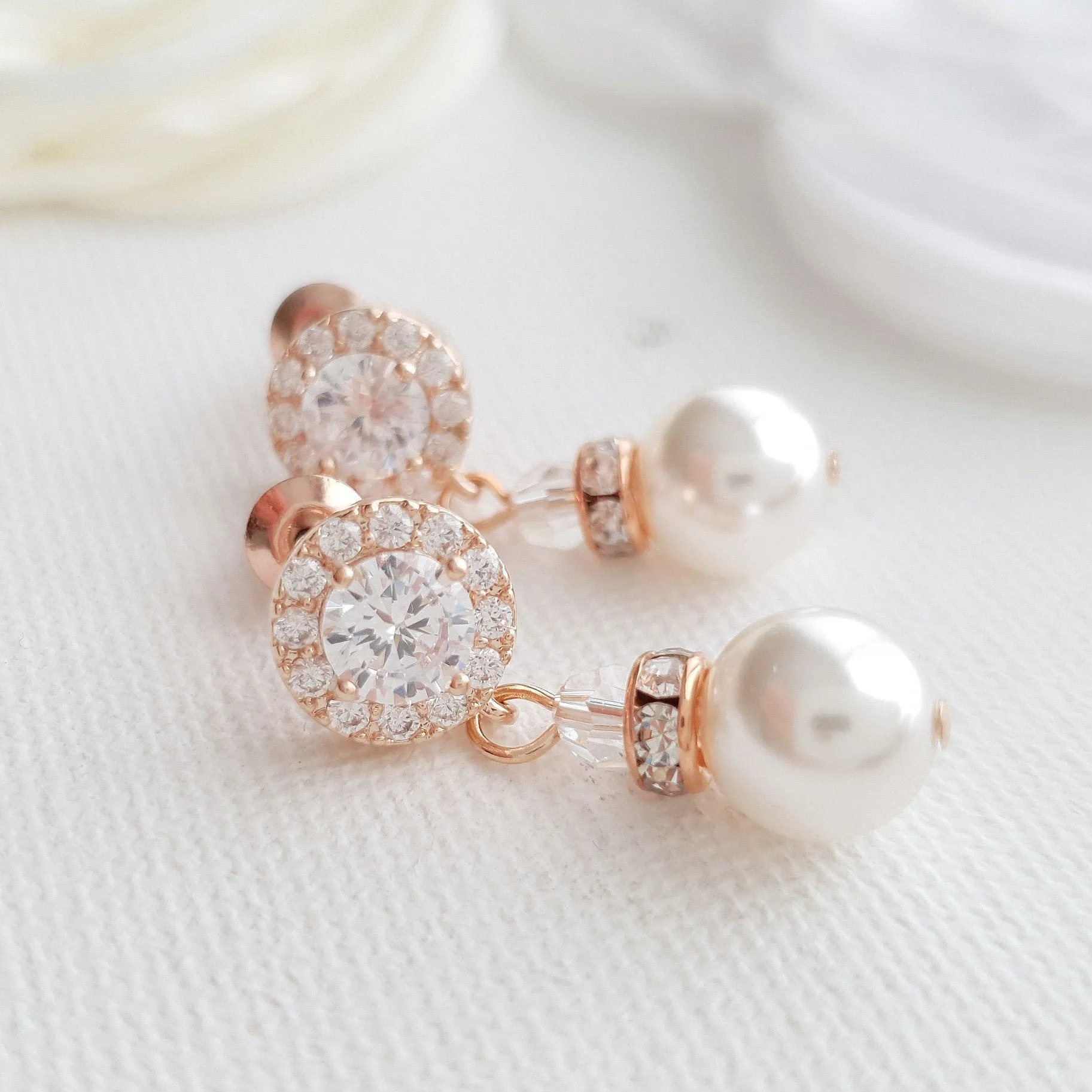 Simple Rose Gold Drop Pearl Earrings- Bronte