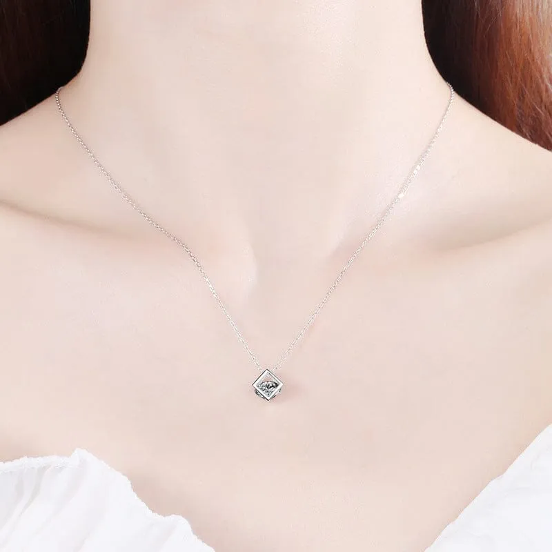 Square Hollow Cube Diamond Necklace - 925 Sterling Silver