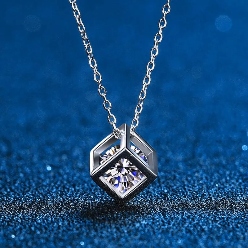 Square Hollow Cube Diamond Necklace - 925 Sterling Silver