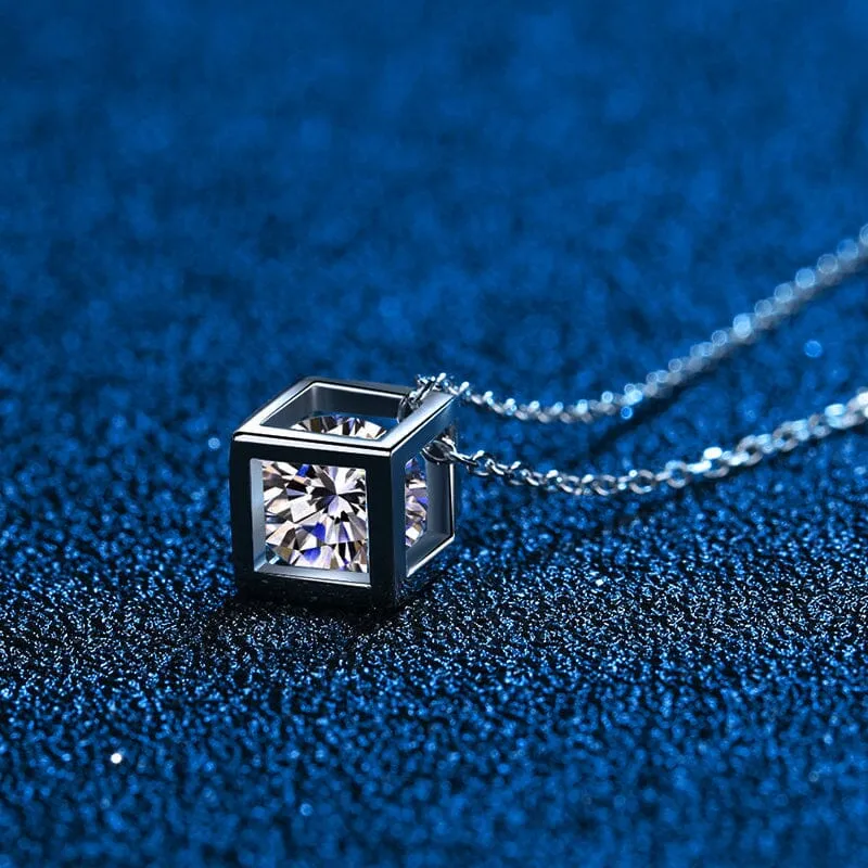 Square Hollow Cube Diamond Necklace - 925 Sterling Silver