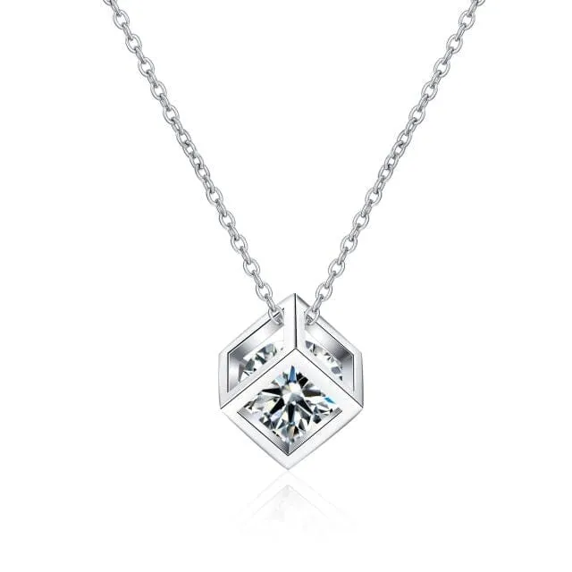 Square Hollow Cube Diamond Necklace - 925 Sterling Silver