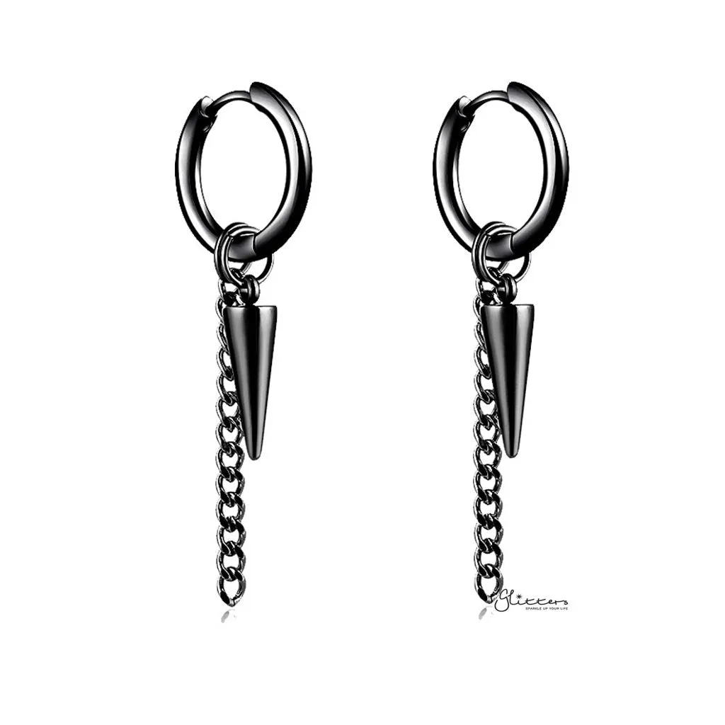 Stainless Steel Drop Spike with Chain Huggie Hoop Earrings - Black