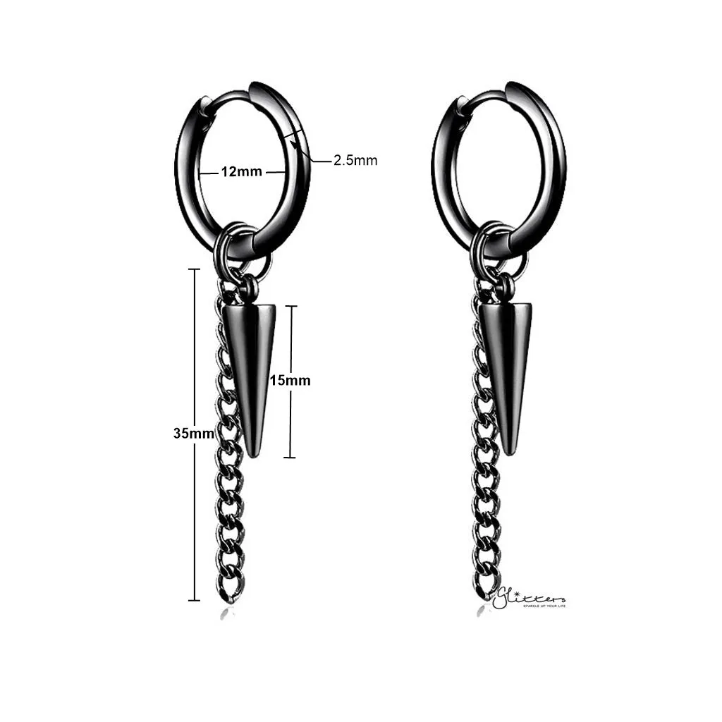 Stainless Steel Drop Spike with Chain Huggie Hoop Earrings - Black