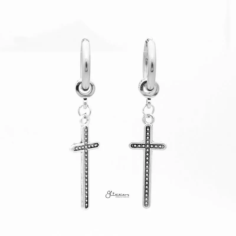 Stainless Steel Huggie Hoop Earrings with Cross Charm