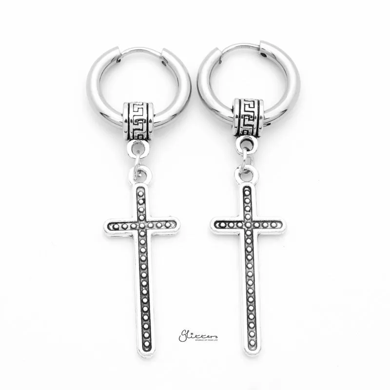 Stainless Steel Huggie Hoop Earrings with Cross Charm