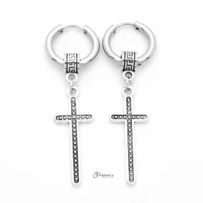 Stainless Steel Huggie Hoop Earrings with Cross Charm