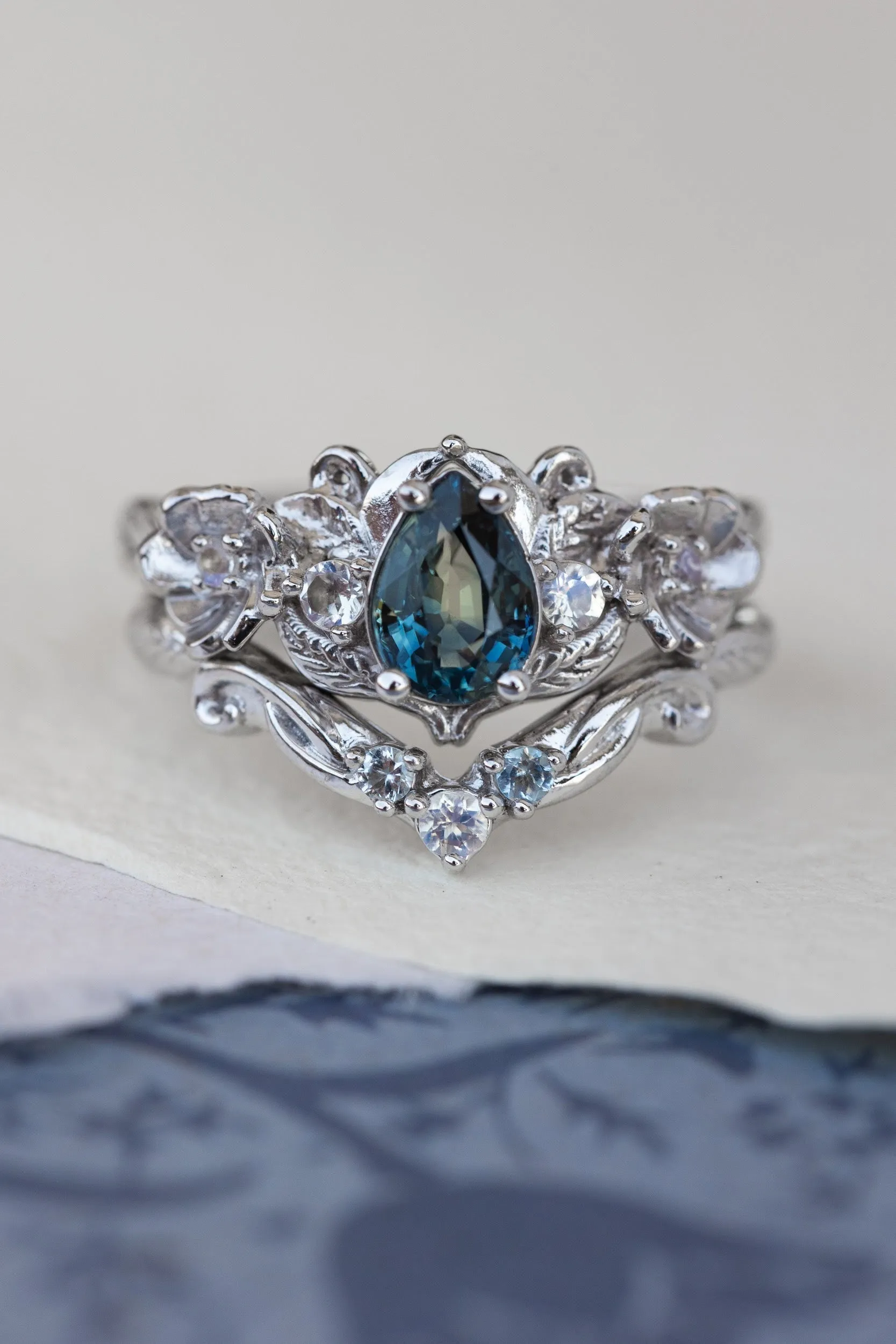 Teal sapphire and accent moonstones engagement ring, floral baroque style ring / Adelina